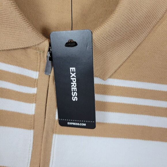 Express Polo Shirt Mens Small Tan White Short Sleeve  1/4 Zip Casual NWT - Picture 3 of 9